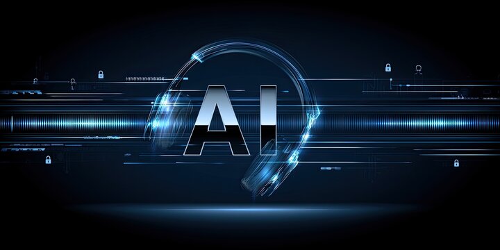 Futuristic glowing AI logo with digital circuit lines and security icons