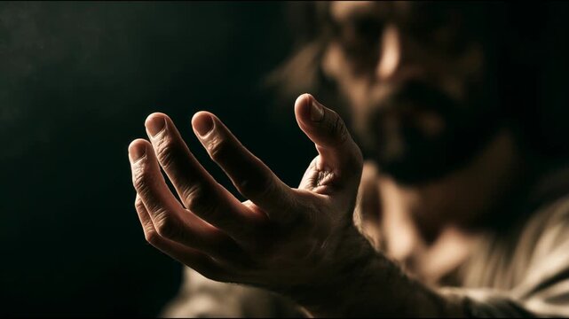 Jesus Christ extends his hand to offer guidance and support in a reflective moment of connection