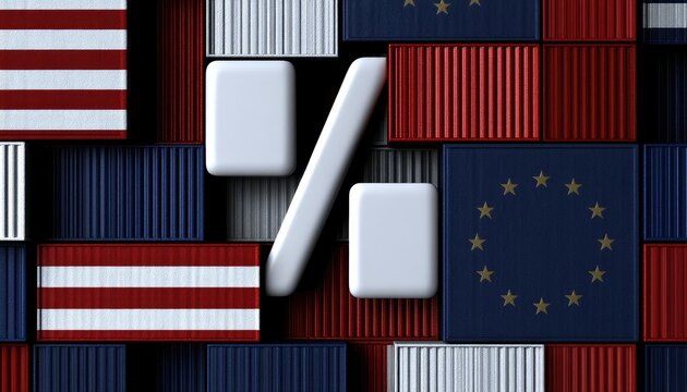 Shipping containers with national flags surround a large percentage symbol