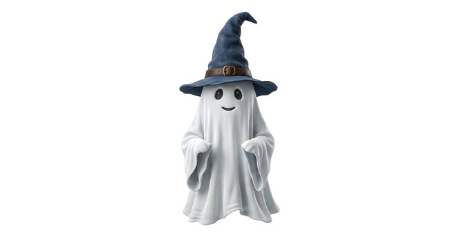 Friendly sheet ghost wearing a blue wizard hat
