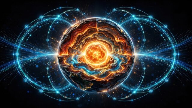 Abstract Cosmic Energy Sphere with Glowing Orbits and Particles.