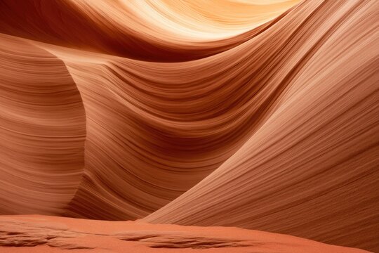 Smooth, flowing sandstone canyon walls with sandy floor, warm light