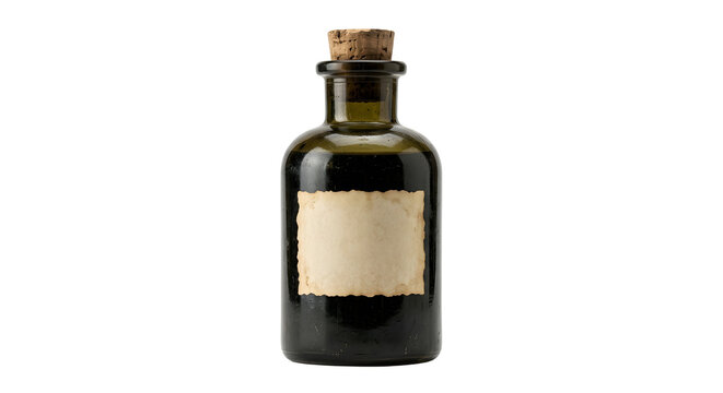 Vintage apothecary glass potion bottle with cork and label on transparent background
