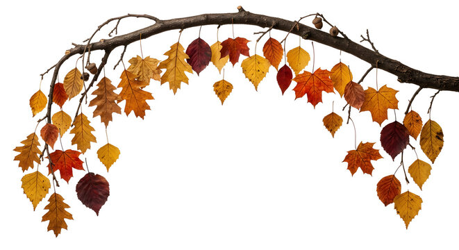Autumn branch arch with colorful fallen leaves and acorns