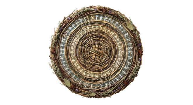 Wicker circle wreath with glowing runes and autumn herbs