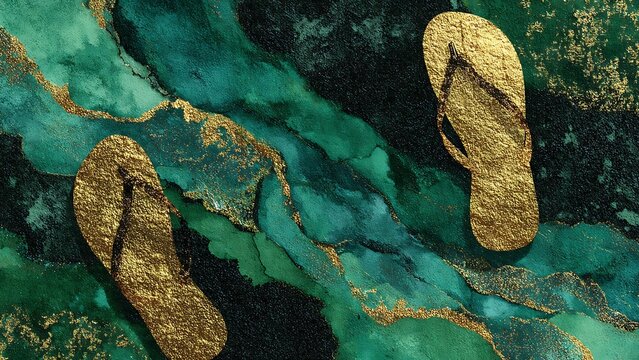 Golden Flip Flops on Abstract Green Marble Texture Background