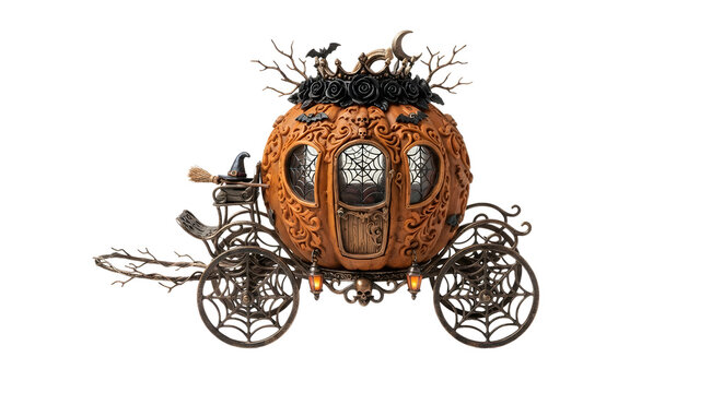Ornate halloween pumpkin carriage decorated with black roses and skulls
