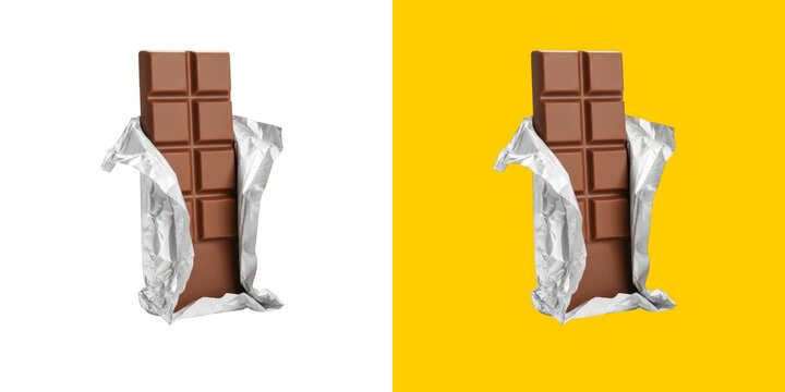 Milk chocolate bar in silver foil wrapper partially opened png