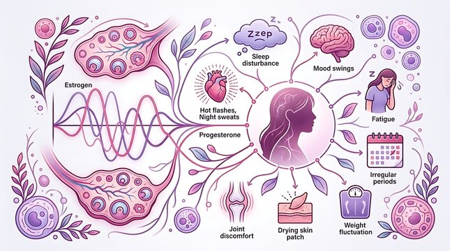 Infographic showing menopause symptoms and hormonal changes in women