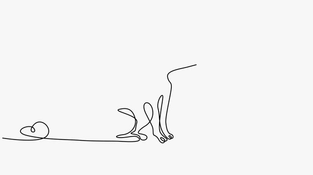 Continuous line art animation of a dog sitting on a leash held by a person.