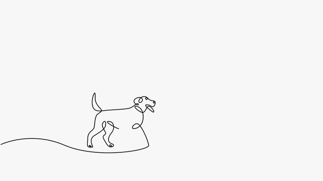 Continuous line art animation of a man walking a friendly dog on a leash outdoors.