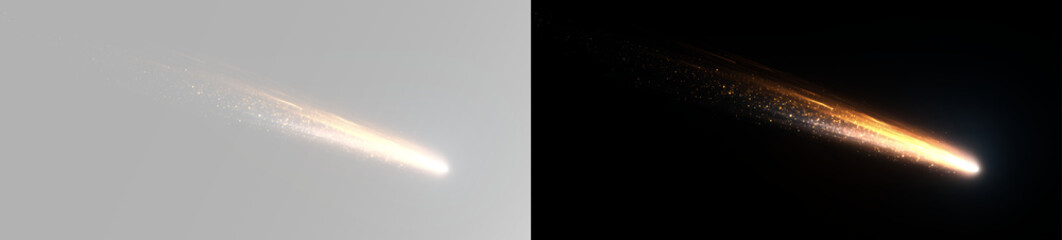 Glowing meteor with bright fiery tail and long comet light streak flying diagonally at high speed © Alehandro