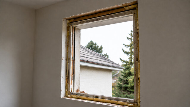 Empty window opening with exposed frame and insulation during home renovation and replacement