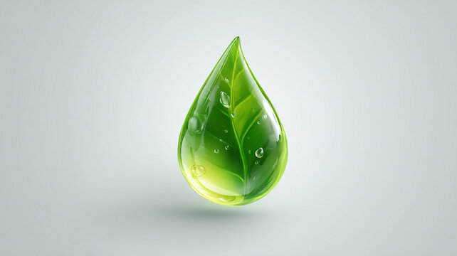 transparent water droplet shaped like leaf icon, soft reflections, clean minimal background