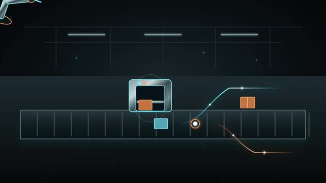 Futuristic smart conveyor system sorting automated packages with robotic scanner technology in clean seamless loop