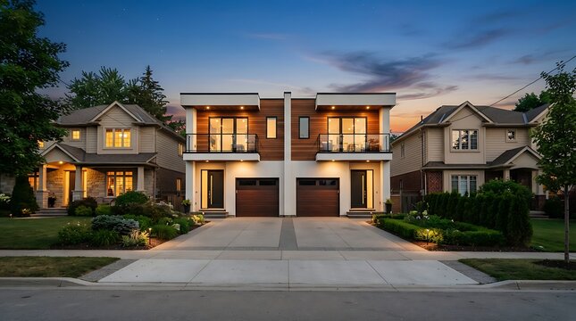 Two-story duplex house with wood paneling and concrete driveway at dusk, illuminated by warm exterior lights under a twilight sky