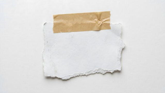 A fragment of torn white paper is affixed to a clean white wall using a piece of transparent adhesive tape revealing a subtle