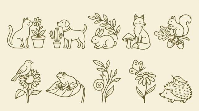 Minimalist animal line art collection, 10 botanical wildlife vector icons, simple nature illustrations for branding and logos