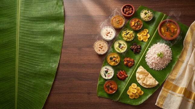 Traditional Kerala Onam Sadya feast served on a banana leaf with rice, curries in clay bowls, and Kasavu saree border on a wooden background with copy space