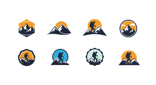 Mountain hiker and peak adventure logo collection