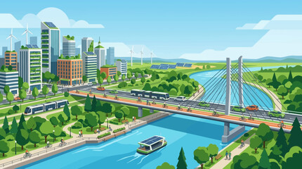 Fototapeta premium A vibrant, futuristic eco-city with sustainable architecture, renewable energy sources, and efficient public transportation systems.