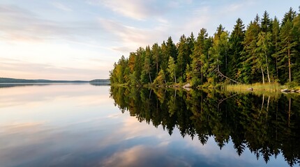 Calm mirror lake reflecting dense evergreen forest at sunrise © Agata