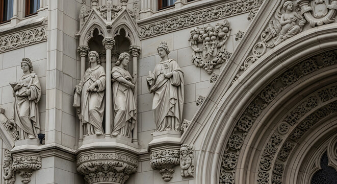 Architectural detail ornate statues and reliefs on a historic building exterior