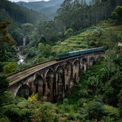 Fototapeta premium Vintage Passenger Train Traveling Through Lush Green Mountain Landscape