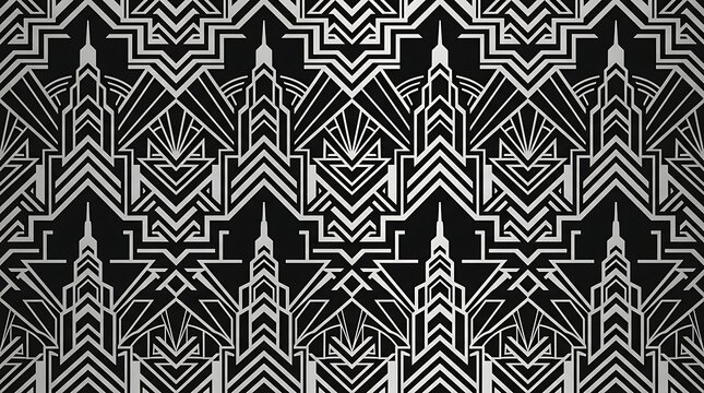 Silver art deco skyscraper geometric pattern on black background