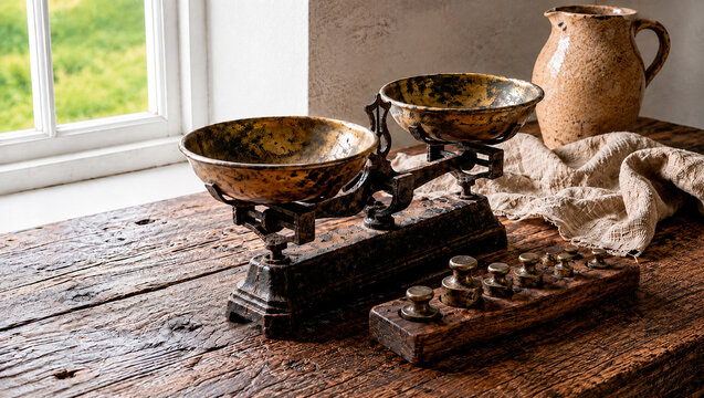 Vintage balance scale with metal weights on rustic wooden table. Antique kitchen tool for measuring food ingredients. Culinary preparation and cooking concept with nostalgic decor.