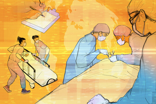 Busy hospital staff and global networks