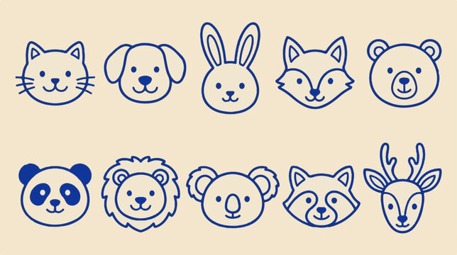 Minimalist animal face icons, set of 10 cute line art wildlife avatars, blue outline pet and forest creature vector illustrations