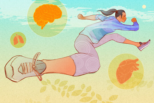 Woman hurdling with healthy brain, lungs and heart