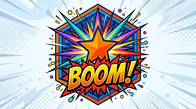 Comic book boom explosion with star, retro pop art speech bubble, colorful superhero burst on halftone background