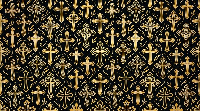 Ornate gold christian cross seamless pattern on black background