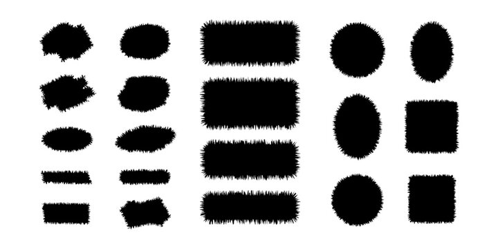 Black Furry Fluffy Shapes Set Isolated Vector Fur Furry Monster Frame Silhouette Collection