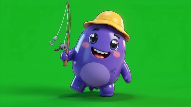Cute purple monster character wearing a yellow hat and holding a fishing rod on a green screen background, ready for adventure.