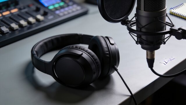 Black Studio Headphones and Microphone with Audio Technology for Music Recording and Digital Entertainment