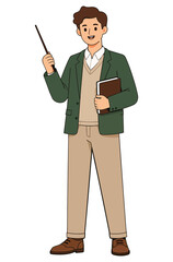 Flat illustration of a friendly male teacher holding a book and pointing with a stick isolated on white background