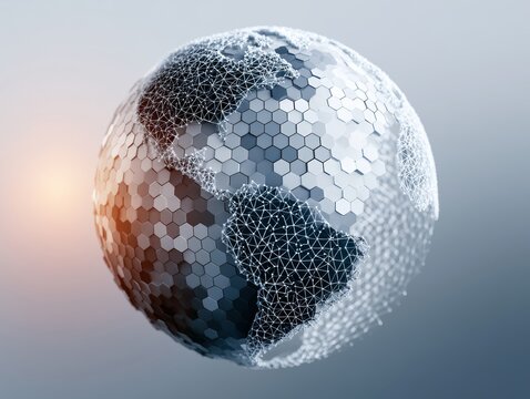 Abstract global sphere built from hexagon and triangle mesh, digital transformation concept, soft gradient background, modern tech illustration style. 