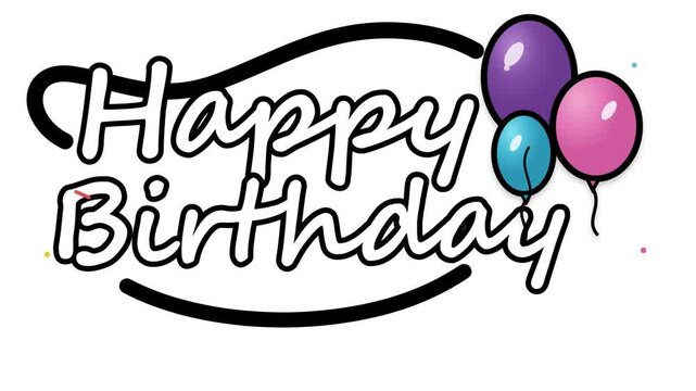 Happy birthday animated text graphic featuring floating colorful balloons in a lively motion video clip design