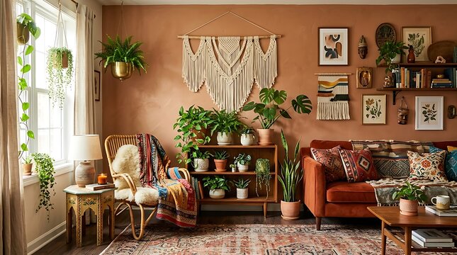Stylish bohemian living room featuring terracotta walls and greenery