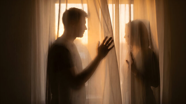 Silhouette of a man and woman separated by a sheer curtain at sunset