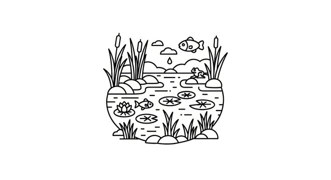 Black and white pond illustration.
