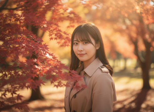 Young Asian woman in trench coat standing among autumn maple trees