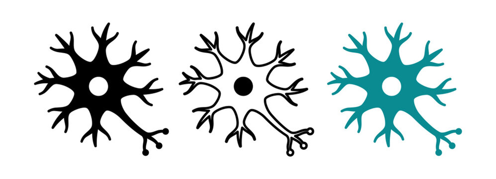Set of three stylized neuron cell icons isolated on white background