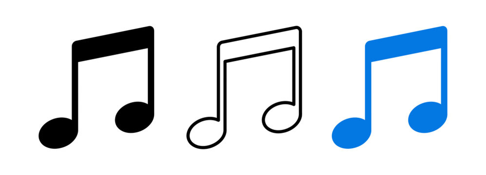 Set of three musical note icons in solid and outline design styles