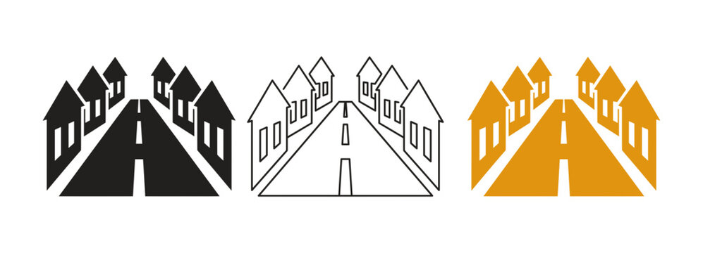 Set of three stylized street perspective icons with houses on both sides