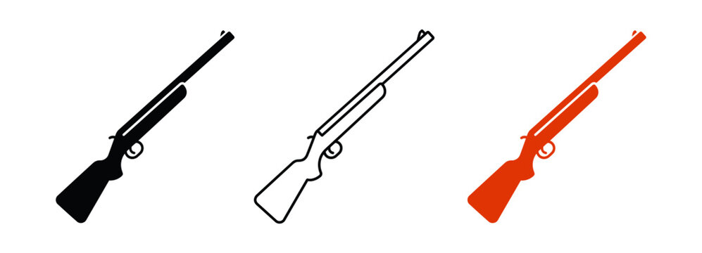 Set of three shotgun silhouettes in black outline and solid red colors