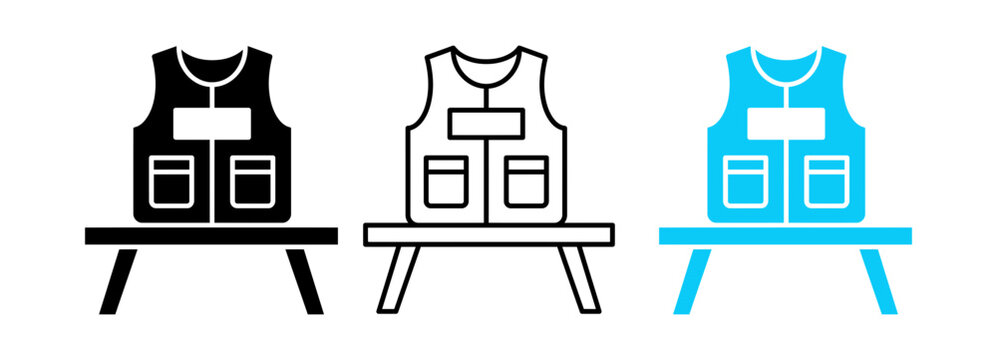 Set of three different styles of fishing vests displayed on small stools